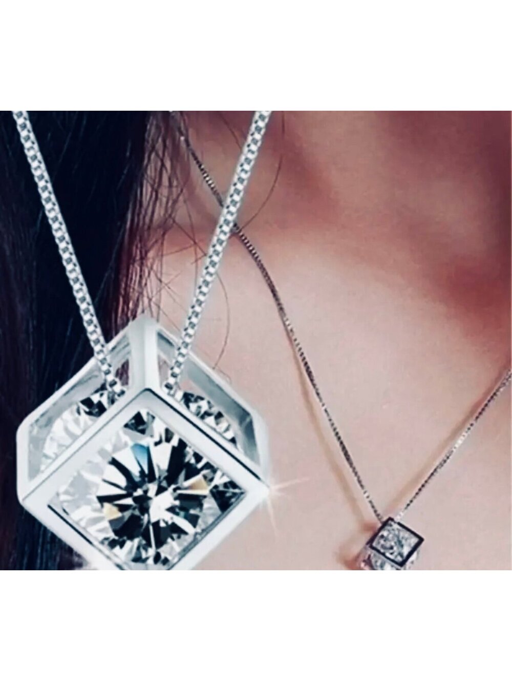New - Exquisite Shiny Silver -3D Hollow Cube Necklace